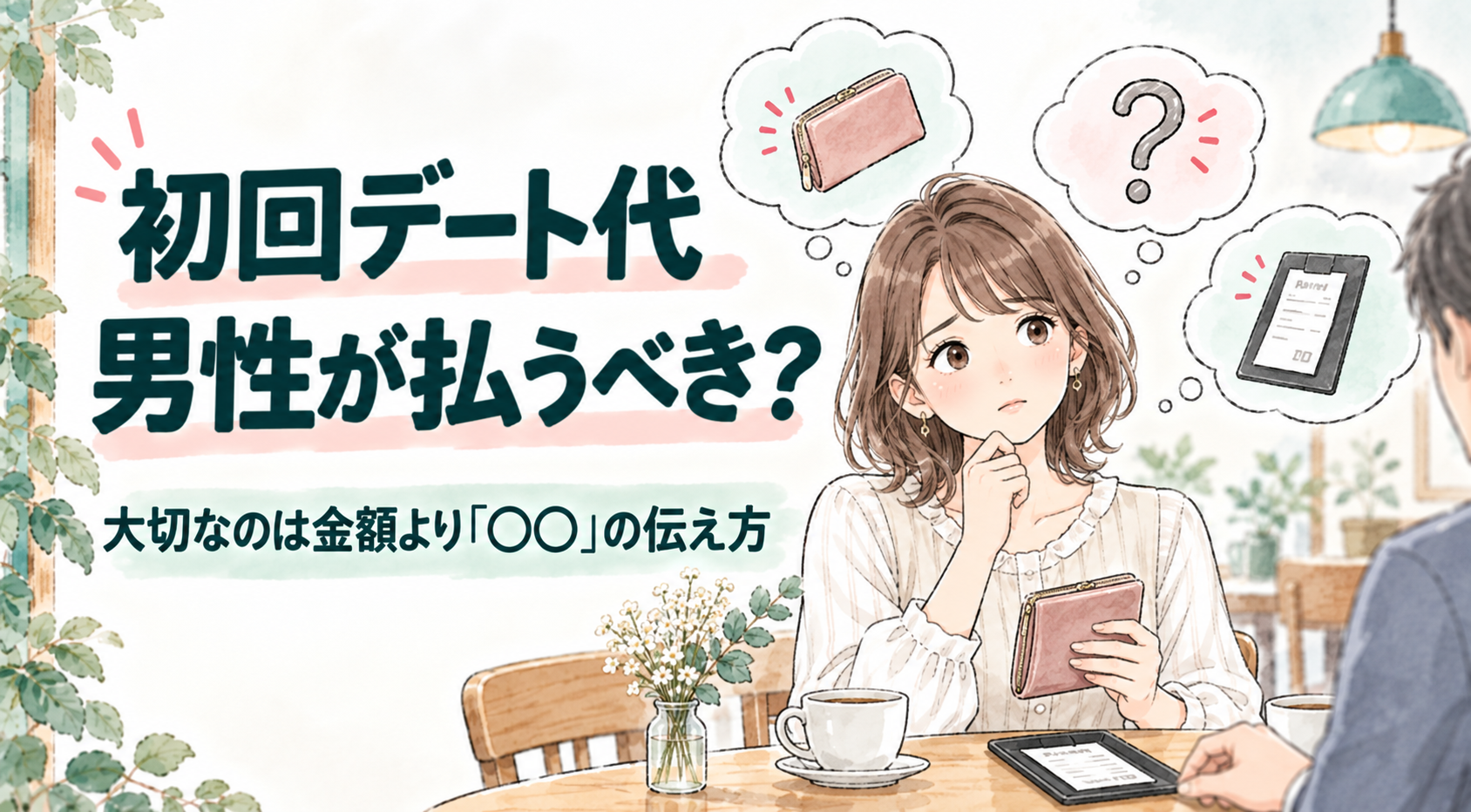 初回デート代の支払いに悩み、財布を手に考える女性のイラスト
