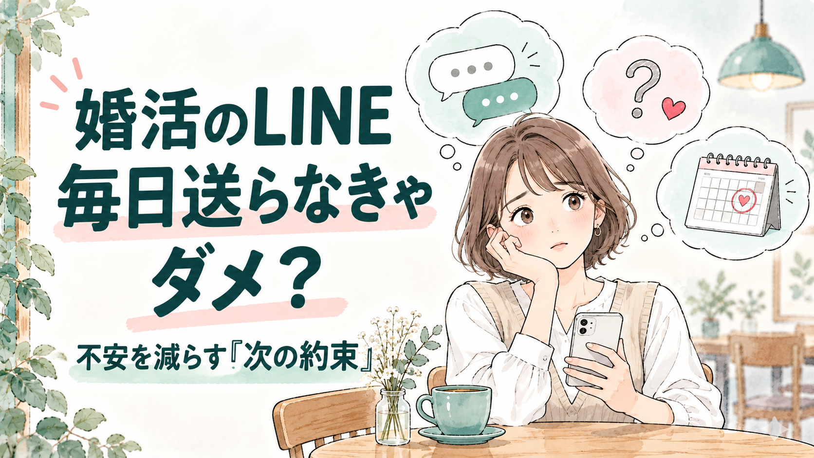 婚活のLINEを毎日送るべきか迷う女性と、メッセージや次のデートの予定を表したイラスト。「婚活のLINE 毎日送らなきゃダメ？ 不安を減らす『次の約束』」