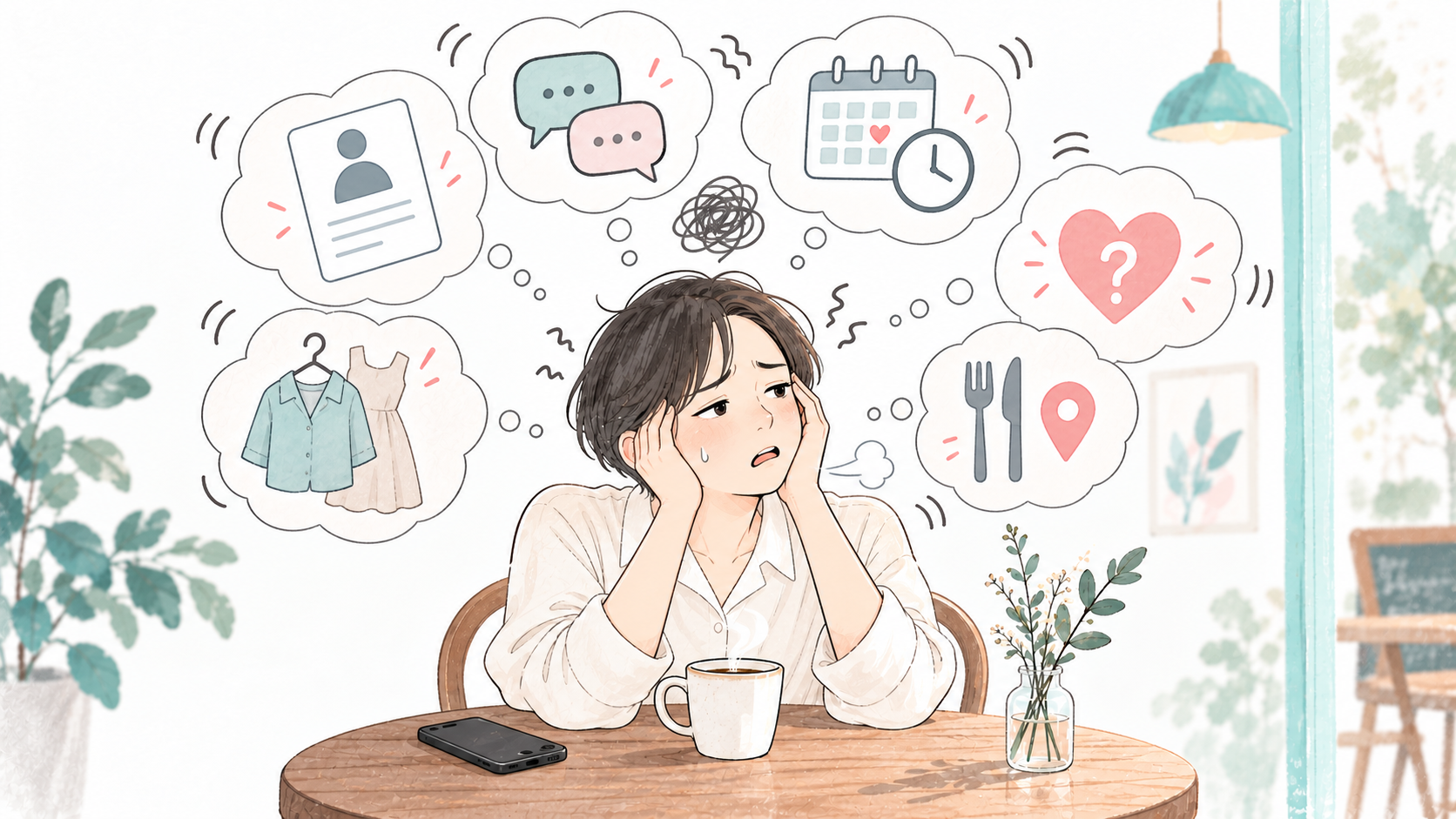 恋愛のメッセージや日程調整、服選びなどが頭に浮かび、考えるだけで疲れている人のイラスト