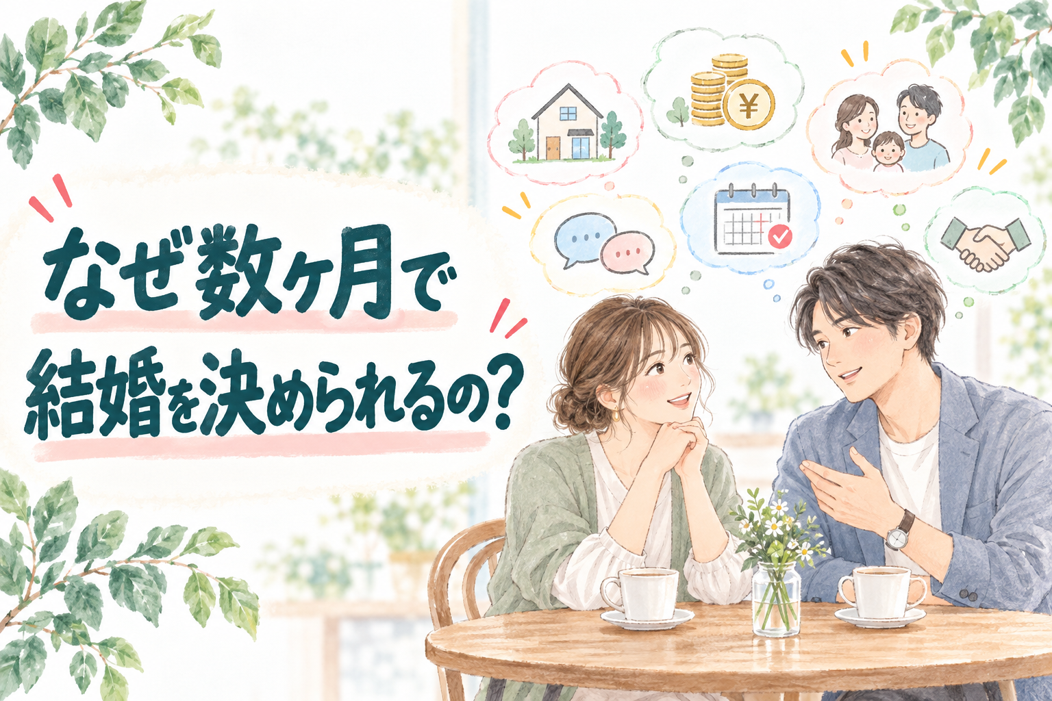 数ヶ月で結婚を決められる理由を話し合う男女のイラスト