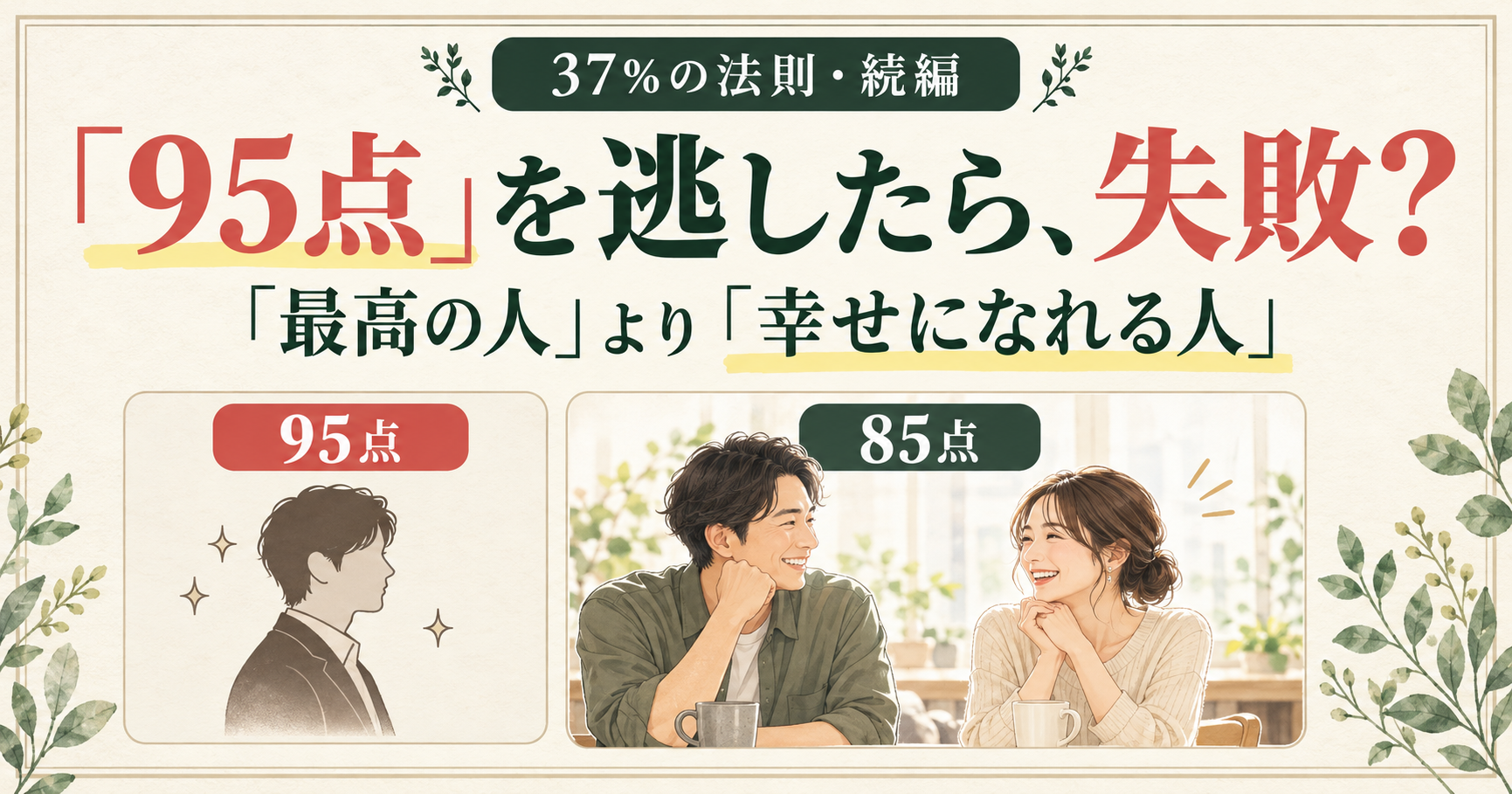 37％の法則・続編。「95点」を逃したら、失敗？「最高の人」より「幸せになれる人」。笑顔で会話する男女のイラスト。